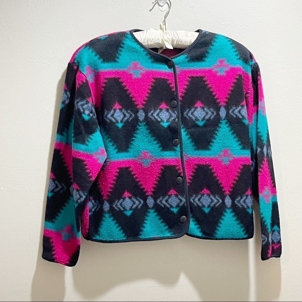 VINTAGE 80s 90s DAVID WAYNE Fleece Southwest Aztec Sweater Jacket Cardigan